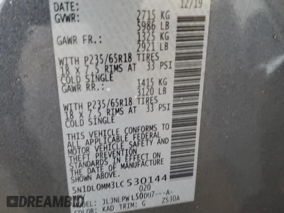 ✅ 2020 Infiniti QX60 Pure • VIN: 5N1DL0MM3LC530144 • Lot: 57780465. Listed on Copart with 76,991 mi. Free auction sales archive from the USA and detailed vehicle history report at DreamBid. Image 14.