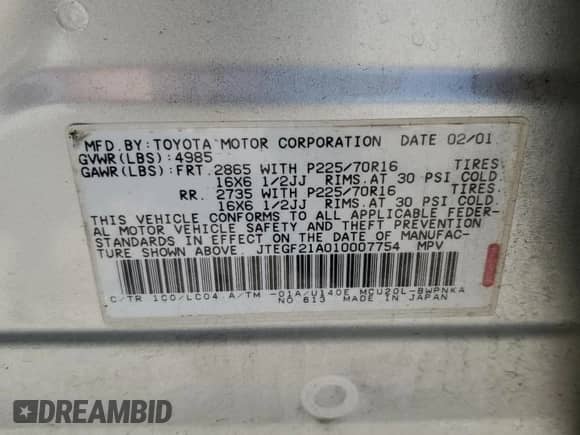 2001 Toyota Highlander с VIN JTEGF21A010007754, выставлен на аукционе Copart как лот 80816755 с пробегом 133 592 миль миль и Чистый • Clean title. История ставок и продаж доступна на DreamBid. Изображение 14.