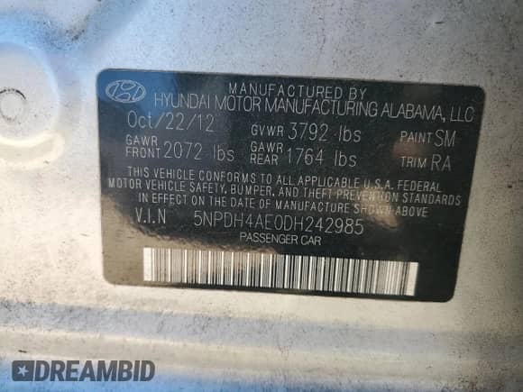 ✅ 2013 Hyundai Elantra GLS • VIN: 5NPDH4AE0DH242985 • Lot: 82545385. Listed on Copart with Not provided. Free auction sales archive from the USA and detailed vehicle history report at DreamBid. Image 12.