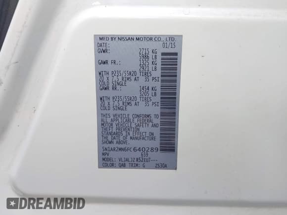 ✅ 2015 Nissan Pathfinder SV • VIN: 5N1AR2MN6FC640289 • Lot: 43030340. Listed on IAAI with 215,980 mi. Free auction sales archive from the USA and detailed vehicle history report at DreamBid. Image 9.