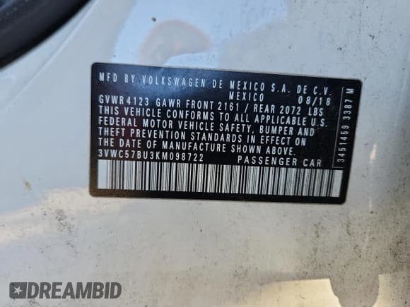 ✅ 2019 Volkswagen Jetta S • VIN: 3VWC57BU3KM098722 • Лот: 89500695. Опубликован ранее на Copart с пробегом 64 043 миль. Бесплатный доступ к архиву аукционных продаж из США и подробный отчёт об истории автомобиля на DreamBid. Изображение 13.