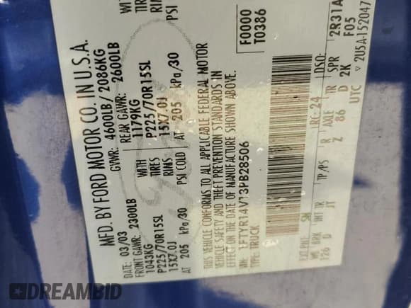 ✅ 2003 Ford Ranger XL • VIN: 1FTYR14V13PB28506 • Lot: 85285635. Listed on Copart with 180,677 mi. Free auction sales archive from the USA and detailed vehicle history report at DreamBid. Image 12.