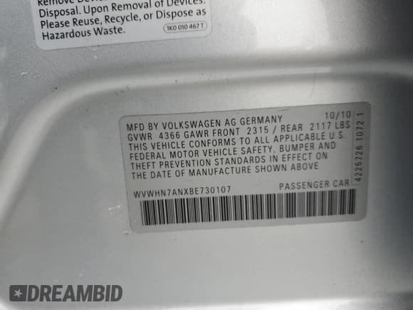 ✅ 2011 Volkswagen CC Lux • VIN: WVWHN7ANXBE730107 • Лот: 90420215. Опубликован ранее на Copart с пробегом 130 061 миль. Бесплатный доступ к архиву аукционных продаж из США и подробный отчёт об истории автомобиля на DreamBid. Изображение 13.