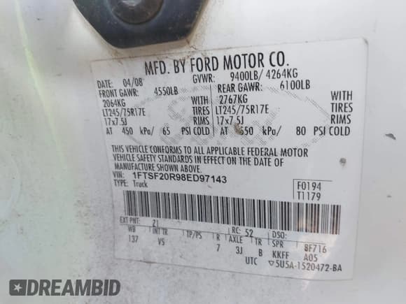 ✅ 2008 Ford F-250 • VIN: 1FTSF20R98ED97143 • Lot: 41637311. Listed on IAAI with 114,245 mi. Free auction sales archive from the USA and detailed vehicle history report at DreamBid. Image 9.