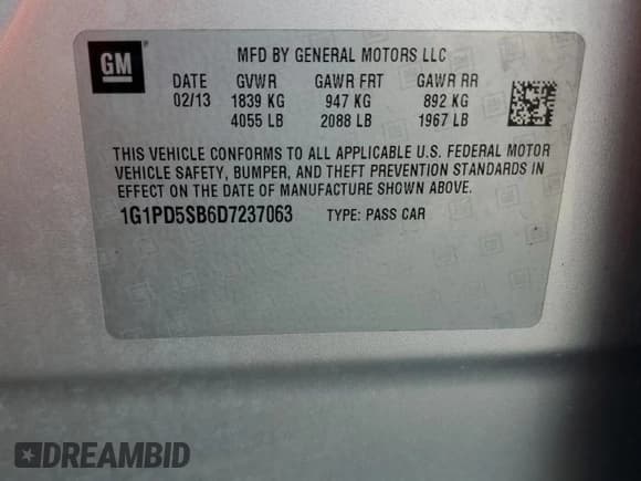 ✅ 2013 Chevrolet Cruze 1LT • VIN: 1G1PD5SB6D7237063 • Lot: 71249225. Listed on Copart with 107,590 mi. Free auction sales archive from the USA and detailed vehicle history report at DreamBid. Image 12.