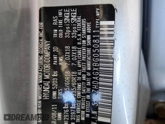 2011 Hyundai Santa Fe SE z VIN 5XYZHDAGXBG050811, wystawiony jako Copart lot #64785325 z przebiegiem Nie podano mil oraz Szkoda całkowita • Salvage title. Historia ofert i sprzedaży dostępna na DreamBid. Obrazek 13.