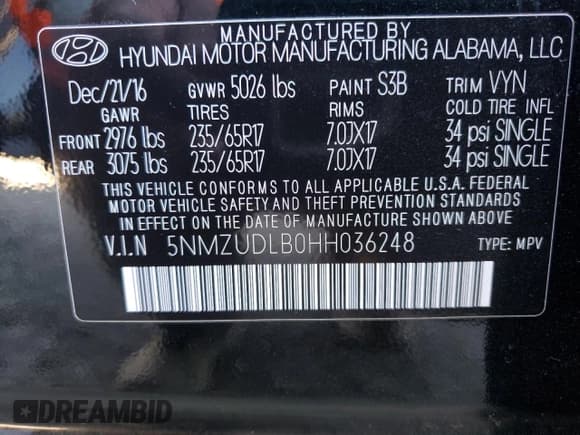 ✅ 2017 Hyundai Santa Fe 2.4L • VIN: 5NMZUDLB0HH036248 • Лот: 58145193. Опубликован ранее на Copart с пробегом 54 829 миль. Бесплатный доступ к архиву аукционных продаж из США и подробный отчёт об истории автомобиля на DreamBid. Изображение 13.