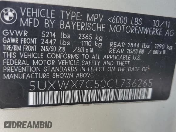 ✅ 2012 BMW X3 35i • VIN: 5UXWX7C50CL736265 • Лот: 80011575. Опубликован ранее на Copart с пробегом 221 287 миль. Бесплатный доступ к архиву аукционных продаж из США и подробный отчёт об истории автомобиля на DreamBid. Изображение 13.