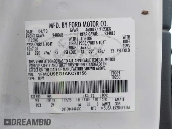 ✅ 2010 Ford Escape Limited • VIN: 1FMCU9EG1AKC78158 • Lot: 43740938. Wystawiony na IAAI z przebiegiem 239 017 mil. Bezpłatny archiwum sprzedaży aukcyjnych z USA i szczegółowy raport historii pojazdu na DreamBid. Zdjęcie 9.