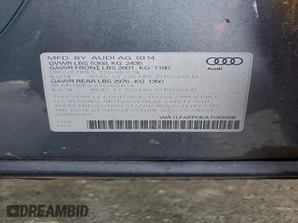 ✅ 2014 Audi Q5 Premium Plus • VIN: WA1LFAFP0EA106868 • Lot: 95726115. Listed on Copart with 182,200 mi. Free auction sales archive from the USA and detailed vehicle history report at DreamBid. Image 13.