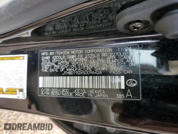 ✅ 2005 Lexus IS 300 • VIN: JTHBD192X50096426 • Lot: 80665125. Listed on Copart with 218,539 mi. Free auction sales archive from the USA and detailed vehicle history report at DreamBid. Image 13.