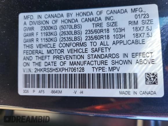 ✅ 2023 Honda CR-V Sport • VIN: 2HKRS5H5XPH706128 • Lot: 91349255. Listed on Copart with 8,477 mi. Free auction sales archive from the USA and detailed vehicle history report at DreamBid. Image 13.