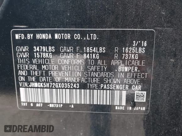 ✅ 2016 Honda Fit EX • VIN: JHMGK5H72GX035243 • Lot: 42700650. Listed on IAAI with 145,343 mi. Free auction sales archive from the USA and detailed vehicle history report at DreamBid. Image 9.