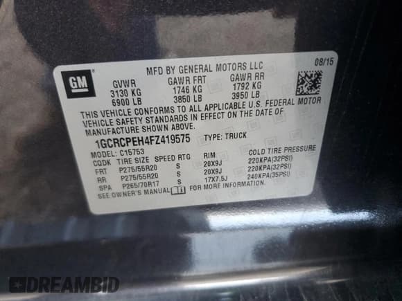 ✅ 2015 Chevrolet Silverado 1500 Work Truck • VIN: 1GCRCPEH4FZ419575 • Lot: 93000465. Listed on Copart with 170,237 mi. Free auction sales archive from the USA and detailed vehicle history report at DreamBid. Image 12.