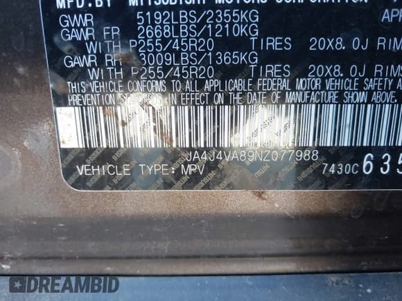 ✅ 2022 Mitsubishi Outlander SEL • VIN: JA4J4VA89NZ077988 • Lot: 43505437. Wystawiony na IAAI z przebiegiem 54 457 mil. Bezpłatny archiwum sprzedaży aukcyjnych z USA i szczegółowy raport historii pojazdu na DreamBid. Zdjęcie 9.