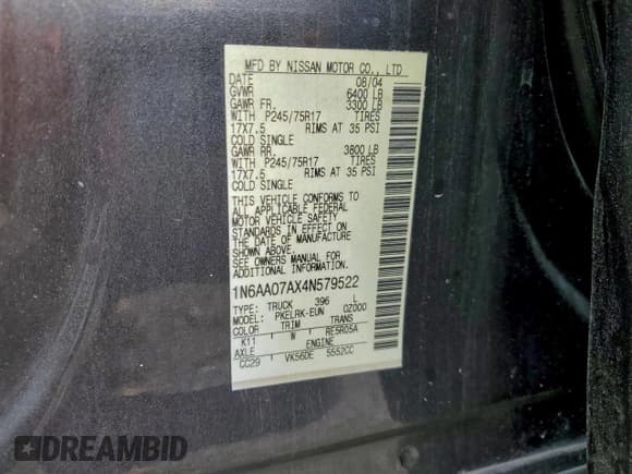 ✅ 2004 Nissan Titan LE • VIN: 1N6AA07AX4N579522 • Лот: 93263375. Опубликован ранее на Copart с пробегом 299 046 миль. Бесплатный доступ к архиву аукционных продаж из США и подробный отчёт об истории автомобиля на DreamBid. Изображение 12.