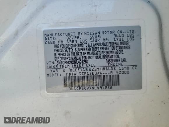 ✅ 2022 Nissan Kicks SV • VIN: 3N1CP5CVXNL491252 • Lot: 92374195. Listed on Copart with 52,716 mi. Free auction sales archive from the USA and detailed vehicle history report at DreamBid. Image 12.