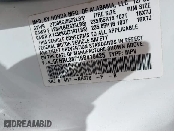 ✅ 2006 Honda Odyssey EX-L • VIN: 5FNRL38716B416425 • Lot: 42766088. Listed on IAAI with 168,178 mi. Free auction sales archive from the USA and detailed vehicle history report at DreamBid. Image 9.