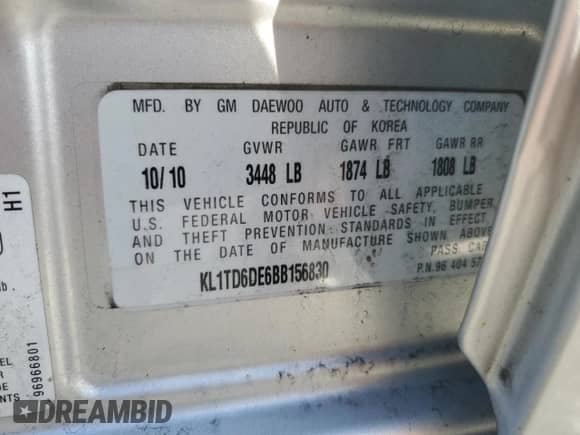 ✅ 2011 Chevrolet Aveo 1LT • VIN: KL1TD6DE6BB156830 • Lot: 90478405. Listed on Copart with 148,826 mi. Free auction sales archive from the USA and detailed vehicle history report at DreamBid. Image 12.