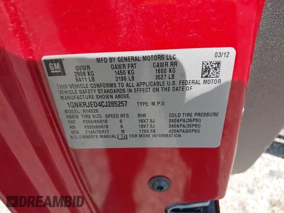 ✅ 2012 Chevrolet Traverse 2LT • VIN: 1GNKRJED4CJ285257 • Lot: 42966029. Listed on IAAI with 161,964 mi. Free auction sales archive from the USA and detailed vehicle history report at DreamBid. Image 9.