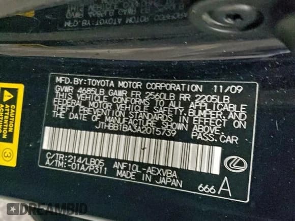 ✅ 2010 Lexus HS 250h Premium • VIN: JTHBB1BA3A2015739 • Lot: 94872855. Listed on Copart with 104,947 mi. Free auction sales archive from the USA and detailed vehicle history report at DreamBid. Image 12.