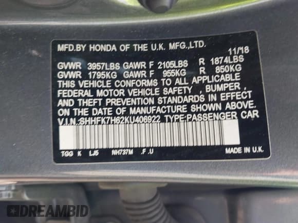 ✅ 2019 Honda Civic EX • VIN: SHHFK7H62KU406922 • Lot: 43296962. Listed on IAAI with 94,539 mi. Free auction sales archive from the USA and detailed vehicle history report at DreamBid. Image 9.