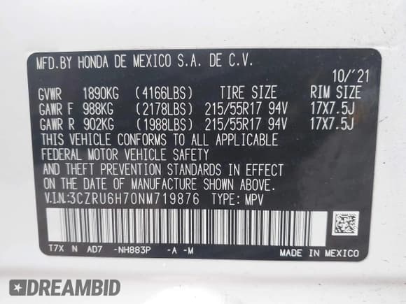 ✅ 2022 Honda HR-V EX-L • VIN: 3CZRU6H70NM719876 • Лот: 42238460. Опубликован ранее на IAAI с пробегом 15 136 миль. Бесплатный доступ к архиву аукционных продаж из США и подробный отчёт об истории автомобиля на DreamBid. Изображение 9.