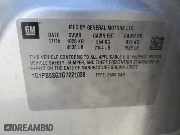 ✅ 2016 Chevrolet Cruze LS • VIN: 1G1PB5SG7G7221038 • Lot: 88268635. Listed on Copart with 79,496 mi. Free auction sales archive from the USA and detailed vehicle history report at DreamBid. Image 13.