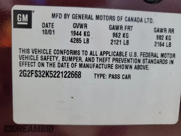 ✅ 2002 Pontiac Firebird Firebird • VIN: 2G2FS32K522122668 • Lot: 89856255. Listed on Copart with 149,243 mi. Free auction sales archive from the USA and detailed vehicle history report at DreamBid. Image 12.