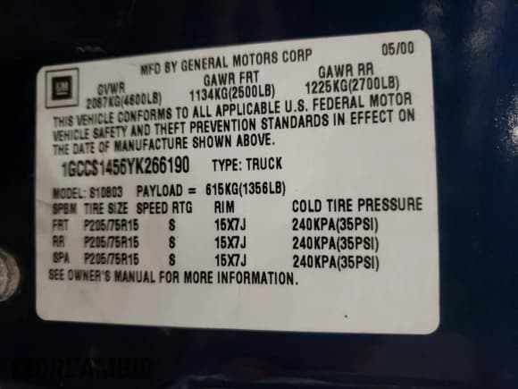 ✅ 2000 Chevrolet S-10 LS • VIN: 1GCCS1456YK266190 • Лот: 86311344. Опубликован ранее на Copart с пробегом 82 716 миль. Бесплатный доступ к архиву аукционных продаж из США и подробный отчёт об истории автомобиля на DreamBid. Изображение 12.