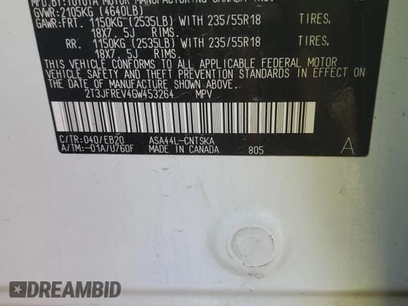 ✅ 2016 Toyota RAV4 SE • VIN: 2T3JFREV4GW453264 • Лот: 89823325. Опубликован ранее на Copart с пробегом 166 670 миль. Бесплатный доступ к архиву аукционных продаж из США и подробный отчёт об истории автомобиля на DreamBid. Изображение 13.