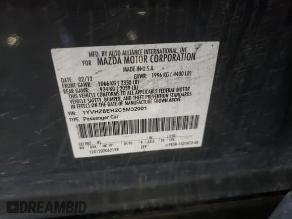 ✅ 2012 Mazda 6 i Touring Plus • VIN: 1YVHZ8EH2C5M32001 • Lot: 41699485. Listed on Copart with 137,409 mi. Free auction sales archive from the USA and detailed vehicle history report at DreamBid. Image 12.