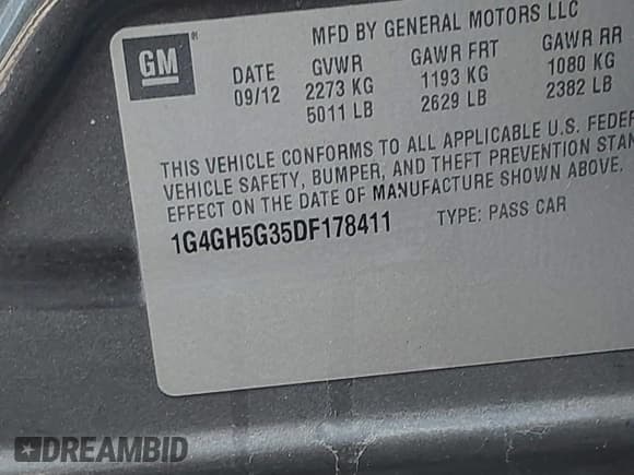 ✅ 2013 Buick LaCrosse Premium 2 • VIN: 1G4GH5G35DF178411 • Lot: 40570938. Listed on IAAI with Not provided. Free auction sales archive from the USA and detailed vehicle history report at DreamBid. Image 9.