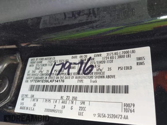 ✅ 2020 Ford F-150 XL • VIN: 1FTEW1E59LKF14176 • Lot: 43083258. Wystawiony na IAAI z przebiegiem Nie podano. Bezpłatny archiwum sprzedaży aukcyjnych z USA i szczegółowy raport historii pojazdu na DreamBid. Zdjęcie 8.
