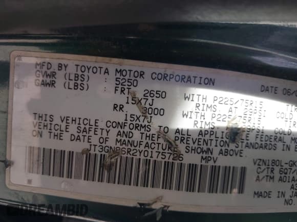 ✅ 2000 Toyota 4Runner SR5 • VIN: JT3GN86R2Y0175726 • Lot: 43816130. Listed on IAAI with 397,771 mi. Free auction sales archive from the USA and detailed vehicle history report at DreamBid. Image 9.