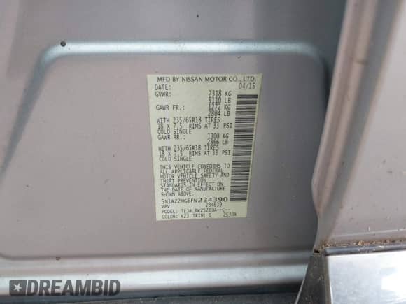 2015 Nissan Murano Platinum with VIN 5N1AZ2MG6FN234390, listed as a IAAI auction lot 42285350 with Not provided miles and . Bid and sale history available at DreamBid. Image 9.