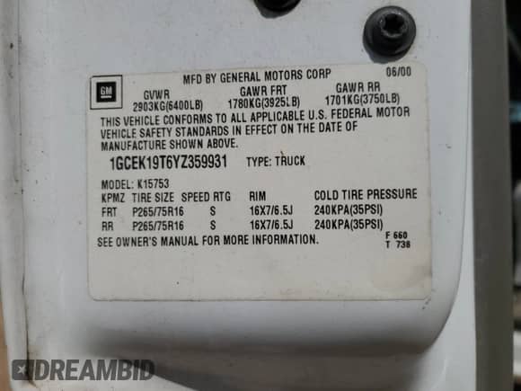 2000 Chevrolet Silverado 1500 LS z VIN 1GCEK19T6YZ359931, wystawiony jako Copart lot #70433884 z przebiegiem 458 301 mil mil oraz Czysty tytuł • Clean title. Historia ofert i sprzedaży dostępna na DreamBid. Obrazek 12.