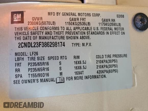 ✅ 2008 Chevrolet Equinox LS • VIN: 2CNDL23F386298174 • Лот: 87246654. Опубликован ранее на Copart с пробегом 163 301 миль. Бесплатный доступ к архиву аукционных продаж из США и подробный отчёт об истории автомобиля на DreamBid. Изображение 12.