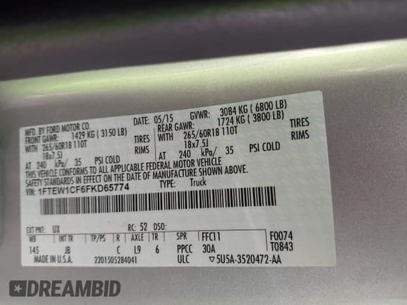 ✅ 2015 Ford F-150 XLT • VIN: 1FTEW1CF6FKD65774 • Lot: 43599399. Listed on IAAI with 124,607 mi. Free auction sales archive from the USA and detailed vehicle history report at DreamBid. Image 9.