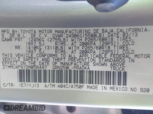 ✅ 2013 Toyota Tacoma • VIN: 3TMMU4FN1DM056497 • Lot: 43567888. Listed on IAAI with 73,853 mi. Free auction sales archive from the USA and detailed vehicle history report at DreamBid. Image 9.