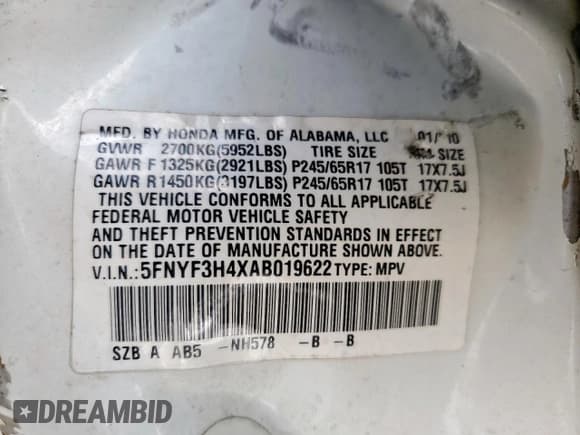 ✅ 2010 Honda Pilot EX • VIN: 5FNYF3H4XAB019622 • Лот: 82070795. Опубликован ранее на Copart с пробегом Не указан. Бесплатный доступ к архиву аукционных продаж из США и подробный отчёт об истории автомобиля на DreamBid. Изображение 12.