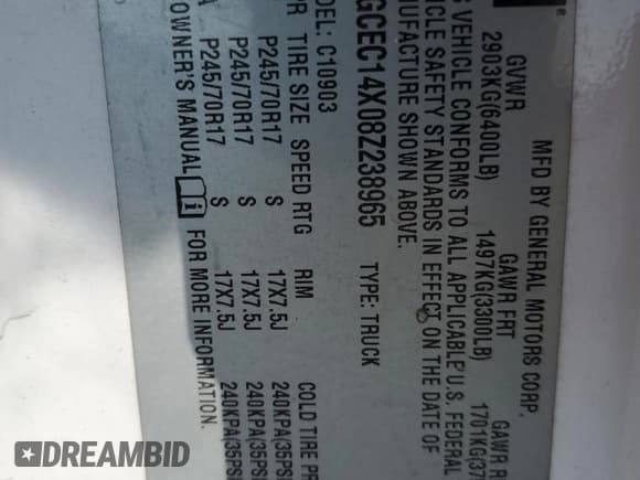 ✅ 2008 Chevrolet Silverado 1500 Work Truck • VIN: 1GCEC14X08Z238965 • Lot: 71179214. Listed on Copart with Not provided. Free auction sales archive from the USA and detailed vehicle history report at DreamBid. Image 12.