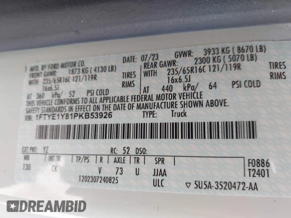 ✅ 2023 Ford Transit Cargo • VIN: 1FTYE1Y81PKB53926 • Lot: 42514906. Wystawiony na IAAI z przebiegiem 52 410 mil. Bezpłatny archiwum sprzedaży aukcyjnych z USA i szczegółowy raport historii pojazdu na DreamBid. Zdjęcie 9.