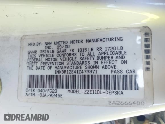 ✅ 2001 Toyota Corolla LE • VIN: 1NXBR12E41Z473371 • Lot: 43820212. Wystawiony na IAAI z przebiegiem 129 635 mil. Bezpłatny archiwum sprzedaży aukcyjnych z USA i szczegółowy raport historii pojazdu na DreamBid. Zdjęcie 9.