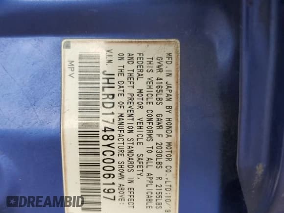 ✅ 2000 Honda CR-V LX • VIN: JHLRD1748YC006197 • Lot: 68016245. Wystawiony na Copart z przebiegiem 274 432 mil. Bezpłatny archiwum sprzedaży aukcyjnych z USA i szczegółowy raport historii pojazdu na DreamBid. Zdjęcie 12.