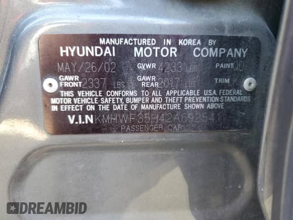 2002 Hyundai Sonata GLS with VIN KMHWF35H42A692541, listed as a Copart auction lot 75359064 with 134,347 mi miles and Salvage title. Bid and sale history available at DreamBid. Image 13.