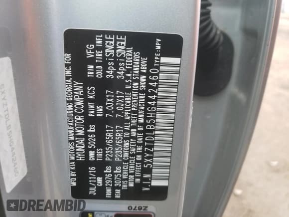 ✅ 2017 Hyundai Santa Fe 2.4L • VIN: 5XYZTDLB5HG442460 • Лот: 43902773. Опубликован ранее на Copart с пробегом 83 704 миль. Бесплатный доступ к архиву аукционных продаж из США и подробный отчёт об истории автомобиля на DreamBid. Изображение 13.