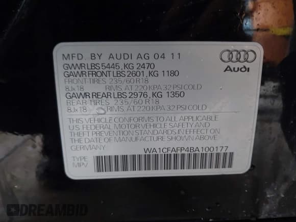 ✅ 2011 Audi Q5 Premium • VIN: WA1CFAFP4BA100177 • Lot: 41190811. Listed on IAAI with 201,851 mi. Free auction sales archive from the USA and detailed vehicle history report at DreamBid. Image 9.