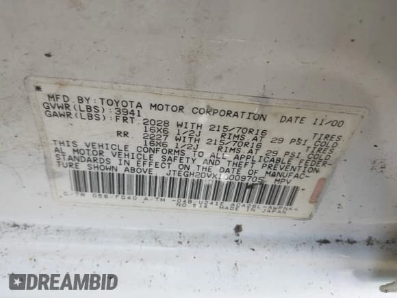 ✅ 2001 Toyota RAV4 • VIN: JTEGH20VX10009705 • Lot: 43210667. Listed on IAAI with 183,636 mi. Free auction sales archive from the USA and detailed vehicle history report at DreamBid. Image 9.