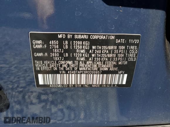 ✅ 2024 Subaru Outback Touring • VIN: 4S4BTAPC0R3200857 • Лот: 80124205. Опубликован ранее на Copart с пробегом Не указан. Бесплатный доступ к архиву аукционных продаж из США и подробный отчёт об истории автомобиля на DreamBid. Изображение 14.